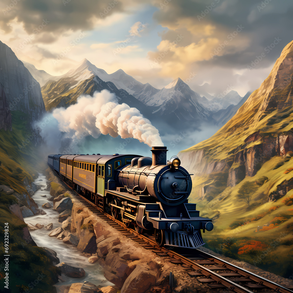 Vintage steam train chugging through a scenic mountain pass Stock ...