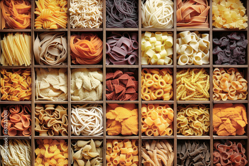 Still life with many different types of pasta. Pasta made from durum wheat of different colors and sizes. Large selection of pasta.