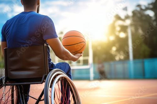 A disabled man in a wheelchair plays basketball. Sports for people with disabilities. Active life. photo