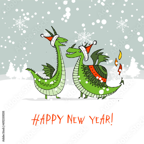 Couple of Funny Dragons in Santa hat in winter forest. Symbol of Chinese New ...