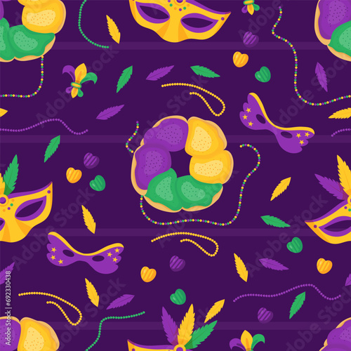 Mardi Gras carnival seamless pattern. Festive traditional King Cake with colorful icing, beads, necklaces, mask and feathers on purple background. Vector illustrations in cartoon style