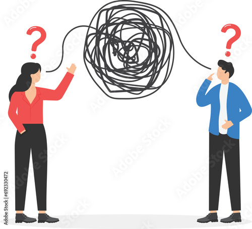 Businessman and woman have troubles with understanding each other. Problems in communication. Misunderstanding create confusion in work, miscommunicate unclear information. Vector illustration.
