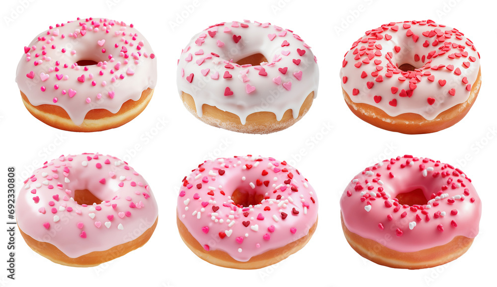 Valentine's Day holiday pink, red and white donuts isolated on transparent background	 - obrazy, fototapety, plakaty 