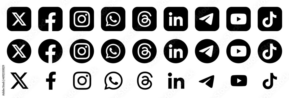 social media icon 2024. X, Threads, Facebook, Instagram, YouTube