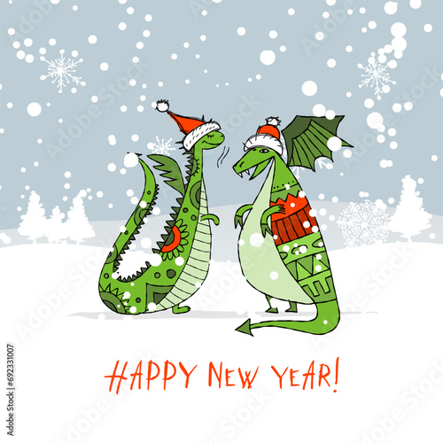 Couple of Funny Dragons in Santa hat in winter forest. Symbol of Chinese New ...