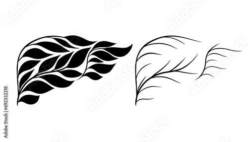 Vector set of black silhouettes of human healthy livers from leaves and twig isolated from background. Healthy and unhealthy internal organs.
