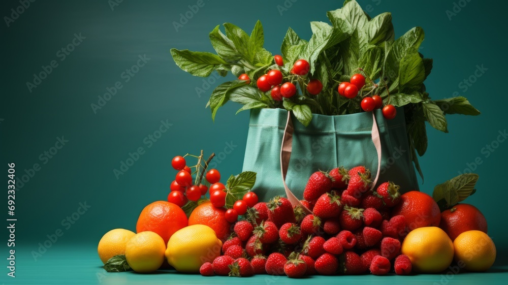 Fresh green fruits and vegetables. Healthy organic products on green background.