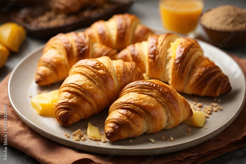 French Croissants, overhead shot, 50mm lens, earth colors, indulgent mood, simple presentation. French Croissants, overhead shot, 50mm lens, earth colors, indulgent mood, simple presentation.