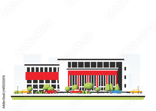 Modern museum building in flat style with trees and cars. City scene isolated on white background. Urban architecture. Art gallery of contemporary art.