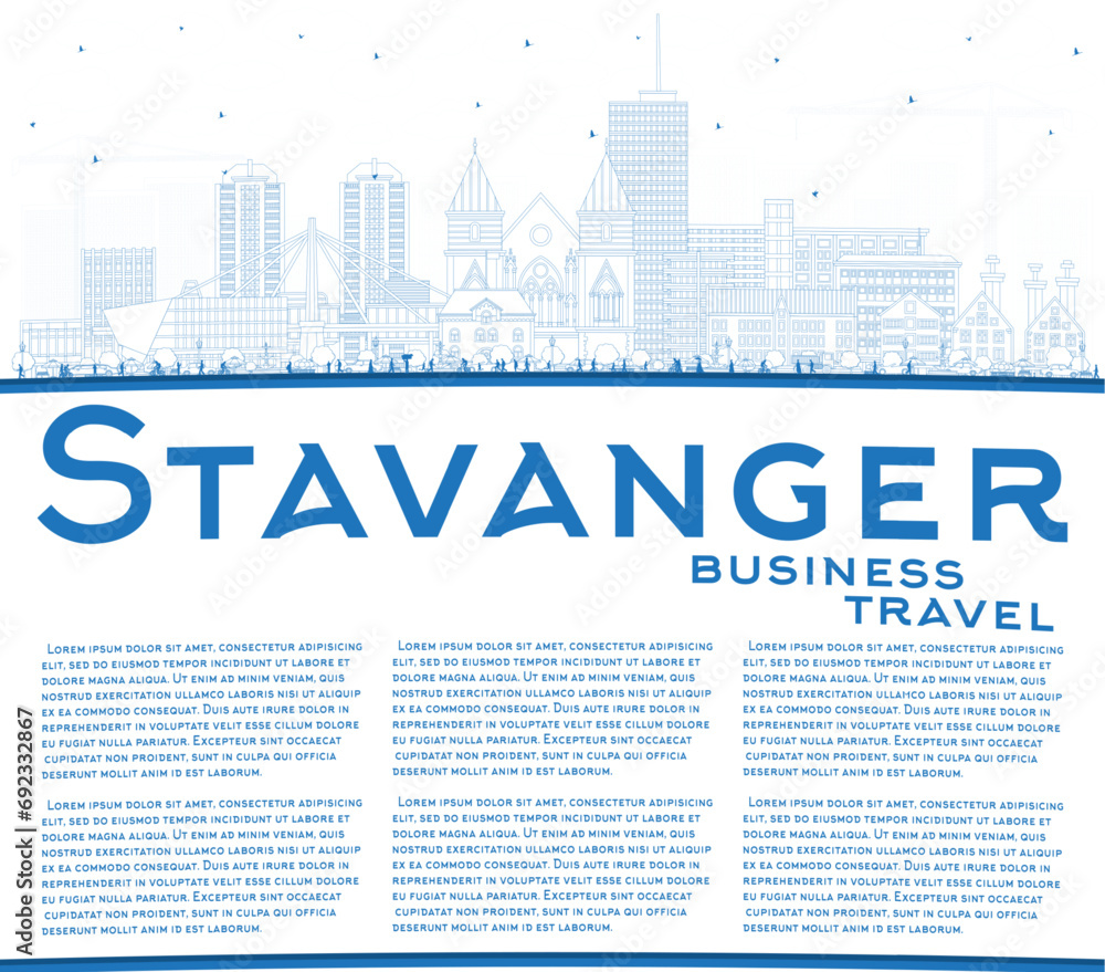 Outline Stavanger Norway city skyline with blue buildings and copy space. Stavanger cityscape with landmarks. Business travel and tourism concept with historic architecture.