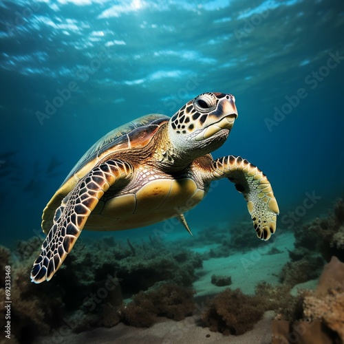 Big Sea Turtle Swimming with in ocean. Green Sea Turtle cruises in the warm waters of the Pacific Ocean © Nimble Web Solutions
