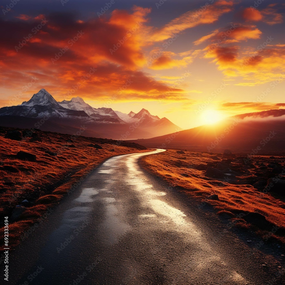 The long straight road leading to a snowy mountain at sunset 