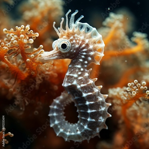  Seahorse - Hippocampus guttulatus. Wild animal. Beautiful Cute Sea horse. Underwater background