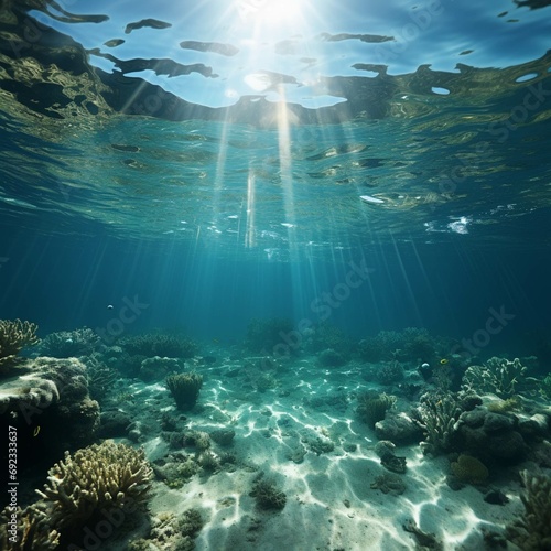 Seascape, air bubbles underwater sea and blue sky with cloud, split view over and under the water. 3d rendering 