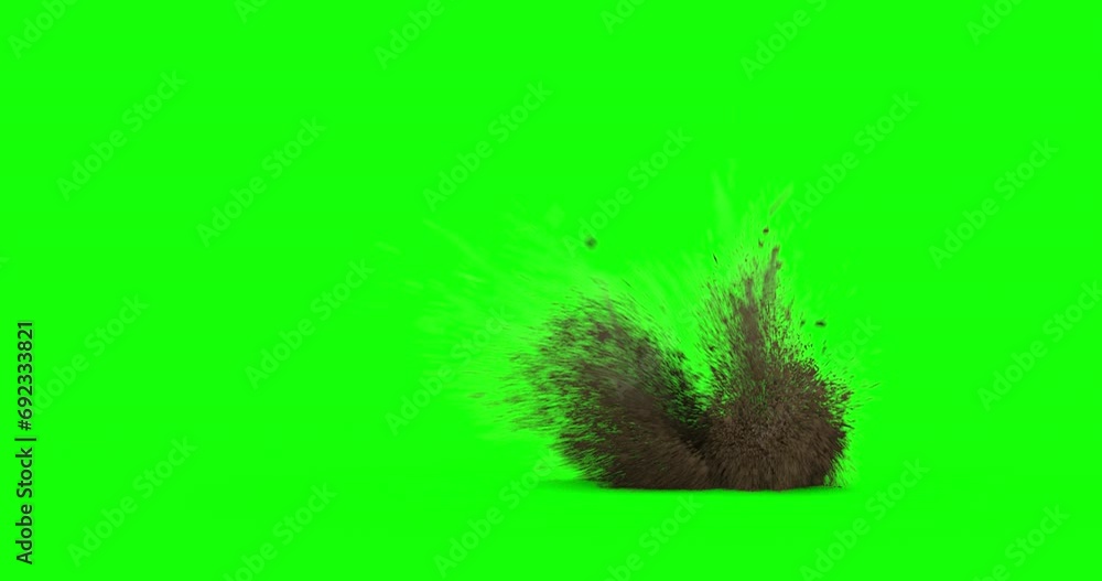 Bullet hit on dirt with chunks and debris flying. Dusty explosion on black background and green screen with alpha channel. Close up. Variations 