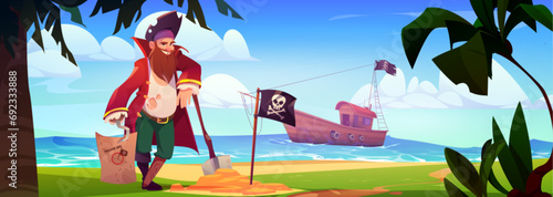 Pirate standing on beach with treasure map on hook. Vector cartoon illustration of bearded man in corsair suit, black jolly roger flag and shovel in sand, boat floating on sea waves, adventure voyage