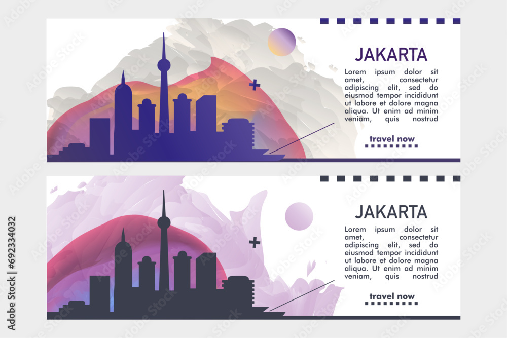 Jakarta city banner pack with abstract shapes of skyline, cityscape, landmark. Indonesia travel vector horizontal illustration layout set for brochure, website, page, presentation, header, footer Jakarta city banner pack with abstract shapes of skyline, cityscape, landmark. Indonesia travel vector horizontal illustration layout set for brochure, website, page, presentation, header, footer