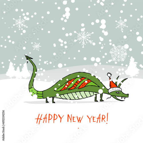 Funny Dragon character with Santa hat in winter forest. Symbol of Chinese New...