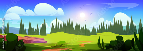 Summer valley landscape with fir tree forest. Vector cartoon illustration of beautiful spring scenery, footpath in green grass and bushes on hills, sun shining bright in blue sky with white clouds