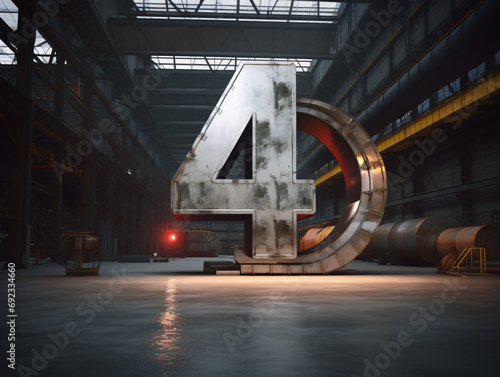 Giant Shiny Metal Object Shaped Like Numbers in a Factory Environment