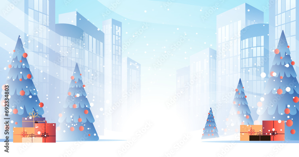 winter snowy city street with decorated christmas trees and gift boxes happy new year holiday celebration template cityscape background