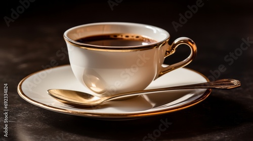 Coffee cup on a saucer with a vintage spoon, inviting indulgence