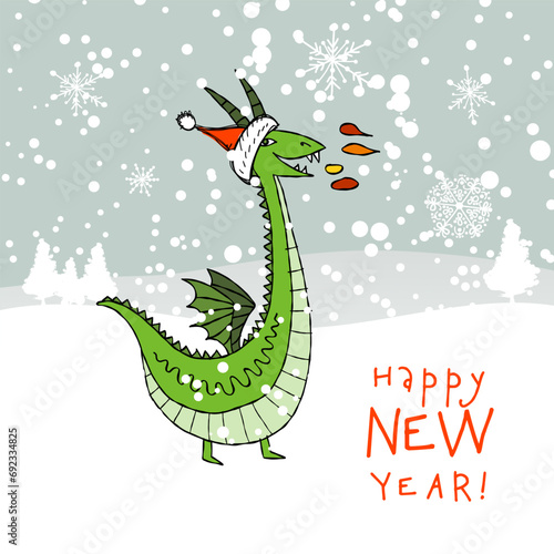 Funny Dragon character with Santa hat in winter forest. Symbol of Chinese New...