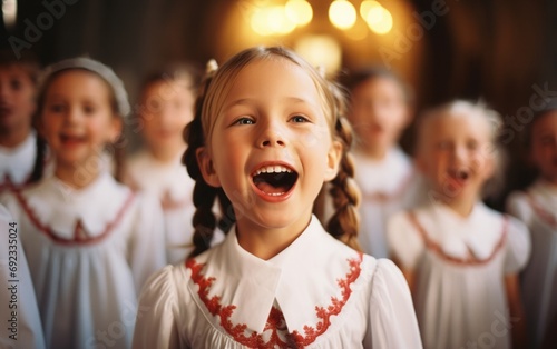 A group of Christian gospel singers celebrating the Lord Jesus Christ. The song spreads blessing, harmony in joy and faith. A group of children in a church.