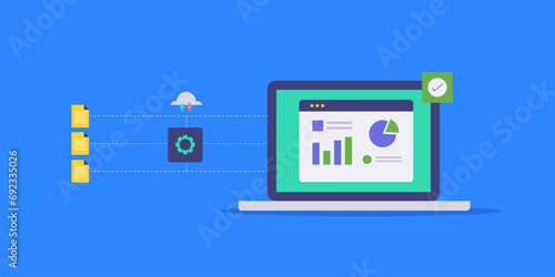 Data analytics process, data collection, validation and big data visualization on screen. Vector illustration technology web banner.