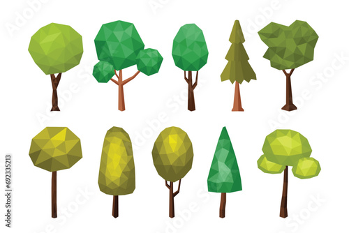 Set of Polygonal Trees Collection, Abstract stylized geometric low poly trees, Green nature season plants, Geometric polygonal style. 3d low poly. Vector Illustration