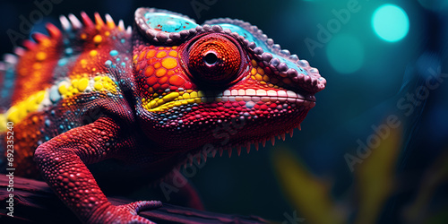 A chameleon blending into its surroundings with its vibrant colors,