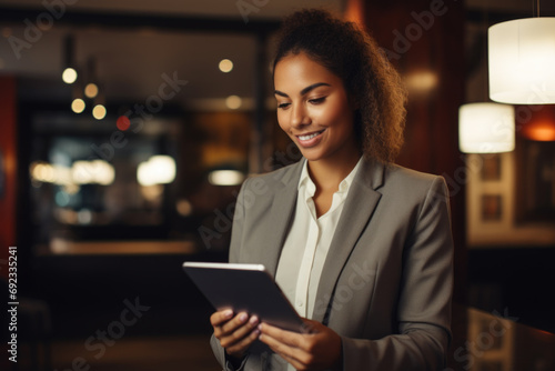 Professional woman with tablet smiling. Hospitality meets modern technology.