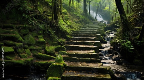 Set of stone steps leading to a waterfall in a forest