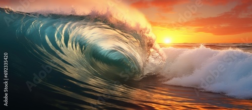 High resolution photo of stunning ocean sunset with wave crashing on shore.