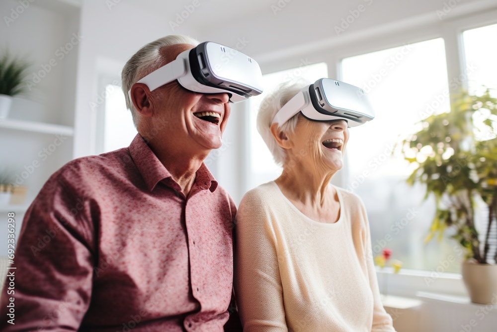 elderly couple enjoying virtual reality goggles elderly couple enjoying virtual reality goggles
