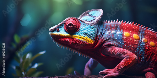 A colorful chamelon sitting on top of a tree branch, Chameleon Adorning the Treetop © Hijab