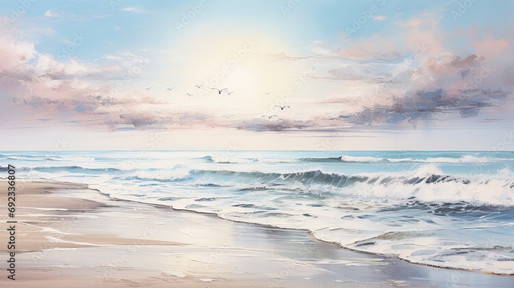 Tranquil Dawn: Beach, Waves, Sandy Shore, Distant Lighthouse, beauty, tranquility, and remote nature of the location, capturing the essence of a peaceful sunrise by the sea.