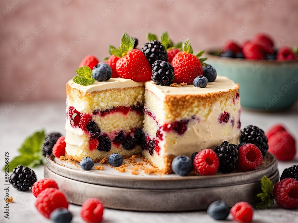 Delicious homemade cake with fresh berries on light background, cheesecake with berries Delicious homemade cake with fresh berries on light background, cheesecake with berries