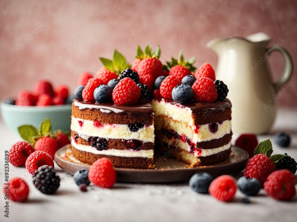 Delicious homemade cake with fresh berries on light background, cake with berries Delicious homemade cake with fresh berries on light background, cake with berries