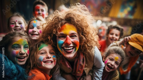 A Festive Carnival Moment: A person in vibrant costume and children with colorful makeup share joy and laughter, creating a playful, lighthearted atmosphere. photo