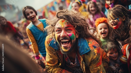 A Festive Carnival Moment: A person in vibrant costume and children with colorful makeup share joy and laughter, creating a playful, lighthearted atmosphere.