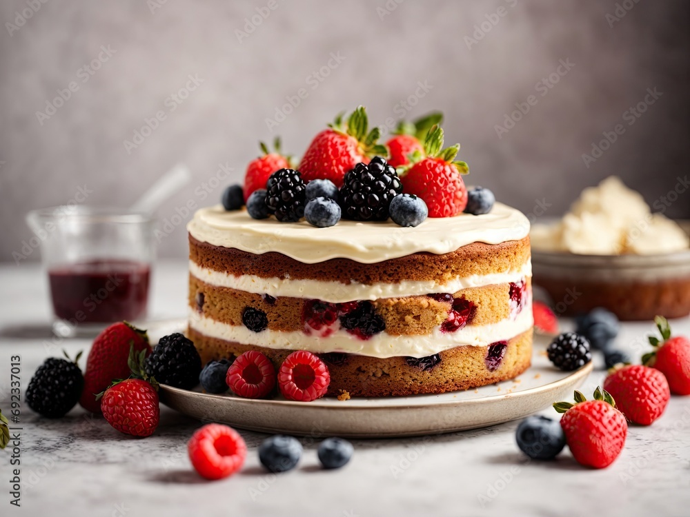 Delicious homemade cake with fresh berries on light background, cheesecake with berries Delicious homemade cake with fresh berries on light background, cheesecake with berries