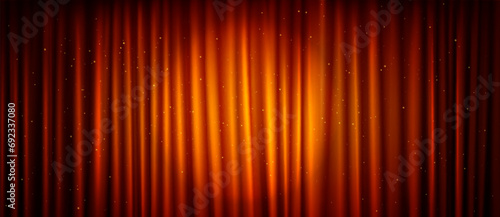 Spotlight on red curtain with golden sparkles. Vector realistic illustration of theater stage closed with shimmering fabric drapery, night show background, concert or circus performance ad banner