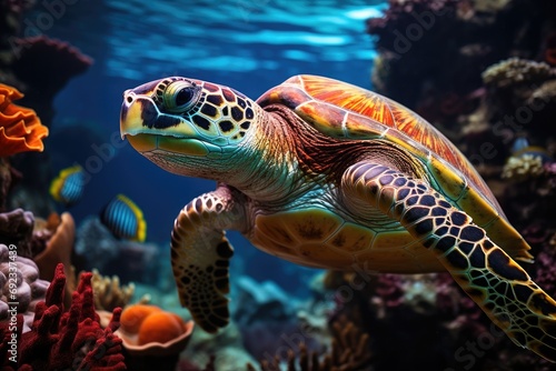 A Graceful Sea Turtle s Ballet  Gliding through Clear Blue Ocean Waters  Embraced by the Vibrant Colors of Coral Reefs. Capturing the Elegance and Tranquility of Nature s Subaquatic Dance.
