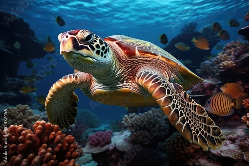 A Graceful Sea Turtle's Ballet: Gliding through Clear Blue Ocean Waters, Embraced by the Vibrant Colors of Coral Reefs. Capturing the Elegance and Tranquility of Nature's Subaquatic Dance. © hisilly