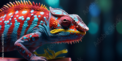 A bright spotted chameleon sits on a branch,Spotted Chameleon Rests on Branch