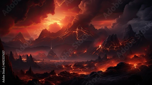 Volcanic Fury: Dramatic Landscape with Active Volcano Spewing Lava and Rugged Terrain 