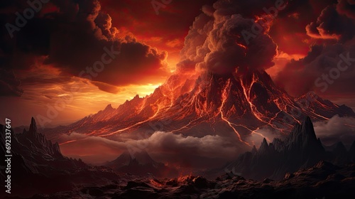 Volcanic Fury: Dramatic Landscape with Active Volcano Spewing Lava and Rugged Terrain  © hisilly