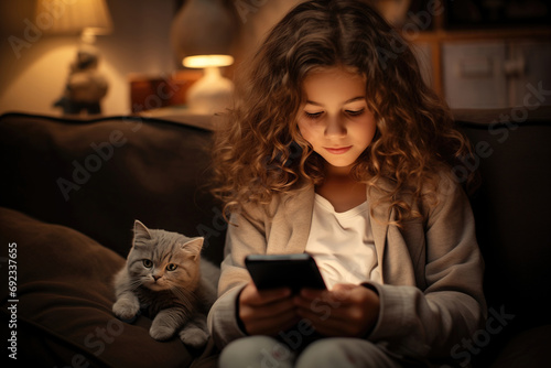 Child using smartphone at home, curly girl holding mobile phone online while sitting on sofa with pet cat in evening. Generation Alpha or digital natives