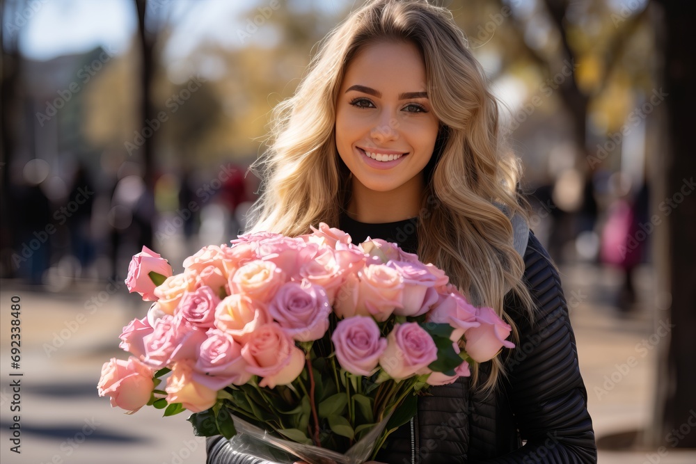 Radiant and happy woman holding a stunning bouquet of pink roses, expressing joy and love